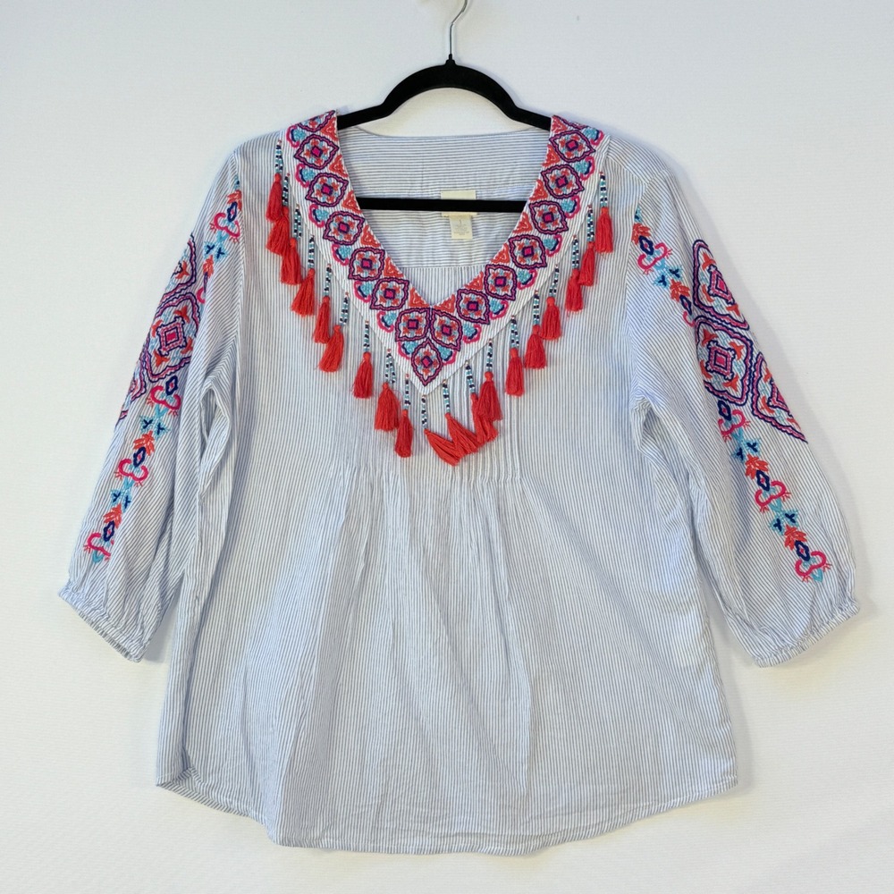 Chico's Women's 1 Medium Embroidered Tassel Blue Striped 3/4 Sleeve Boho Top Fun